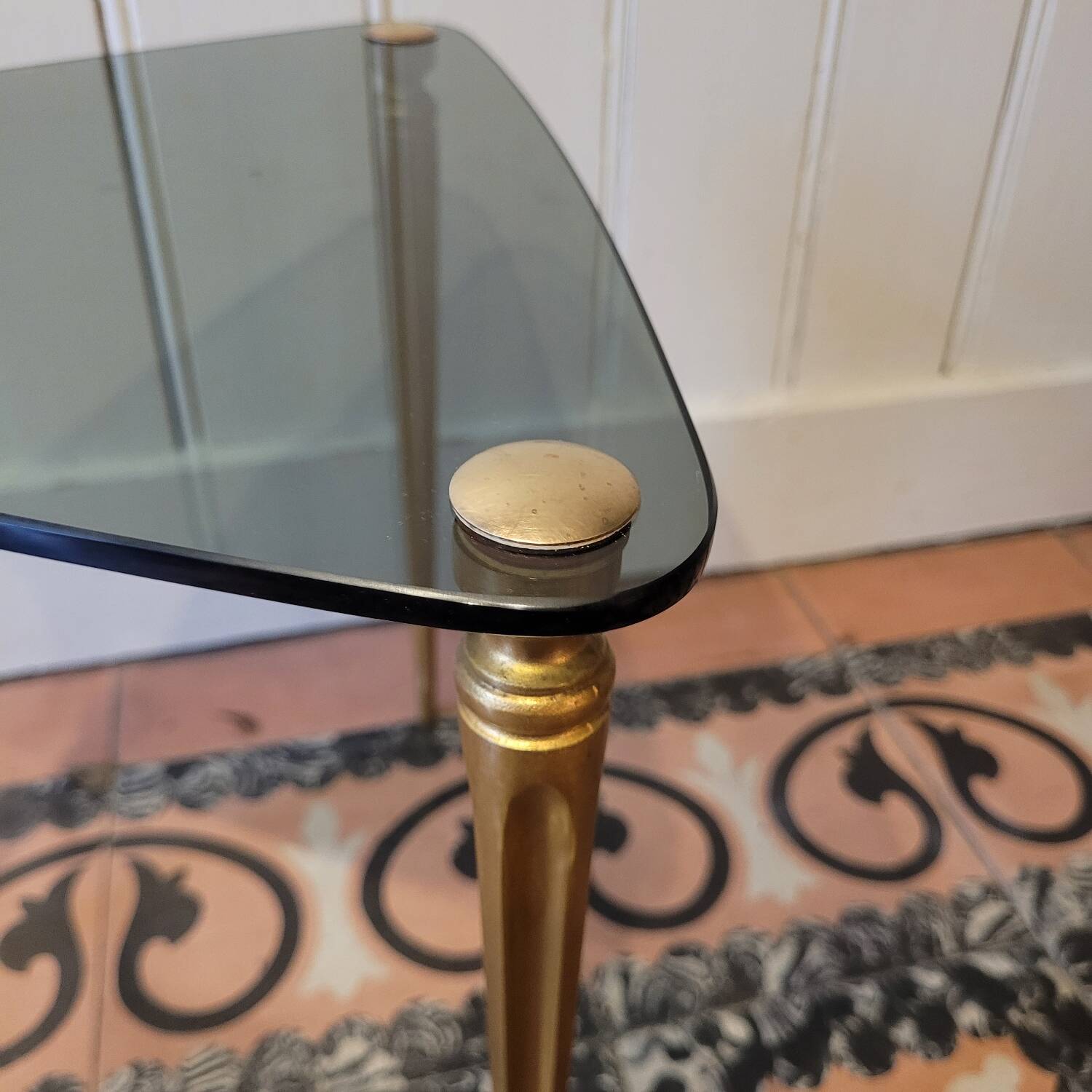 Tripod table in smoked glass – triangular top – 1950s–1960s