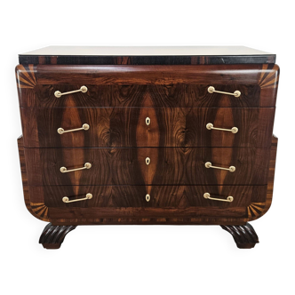 Art Decò chest of drawers in mahogany and pink maple with mirrored top