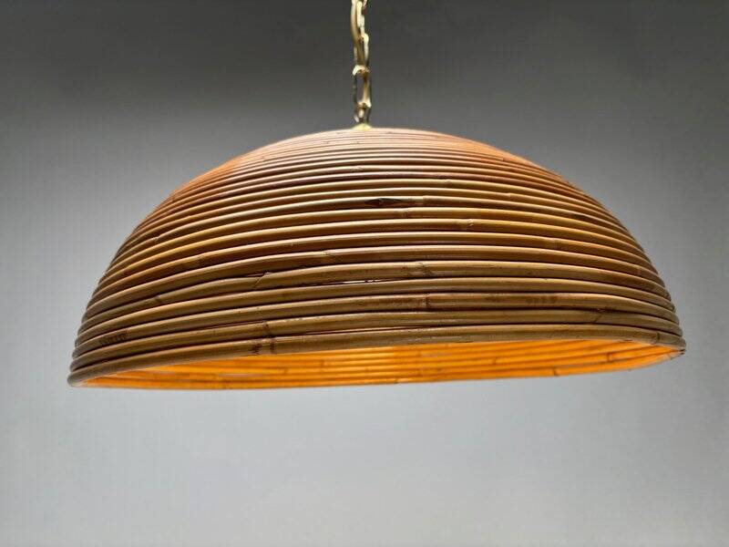 Suspension italienne en laiton doré et bambou tressé, années 1970