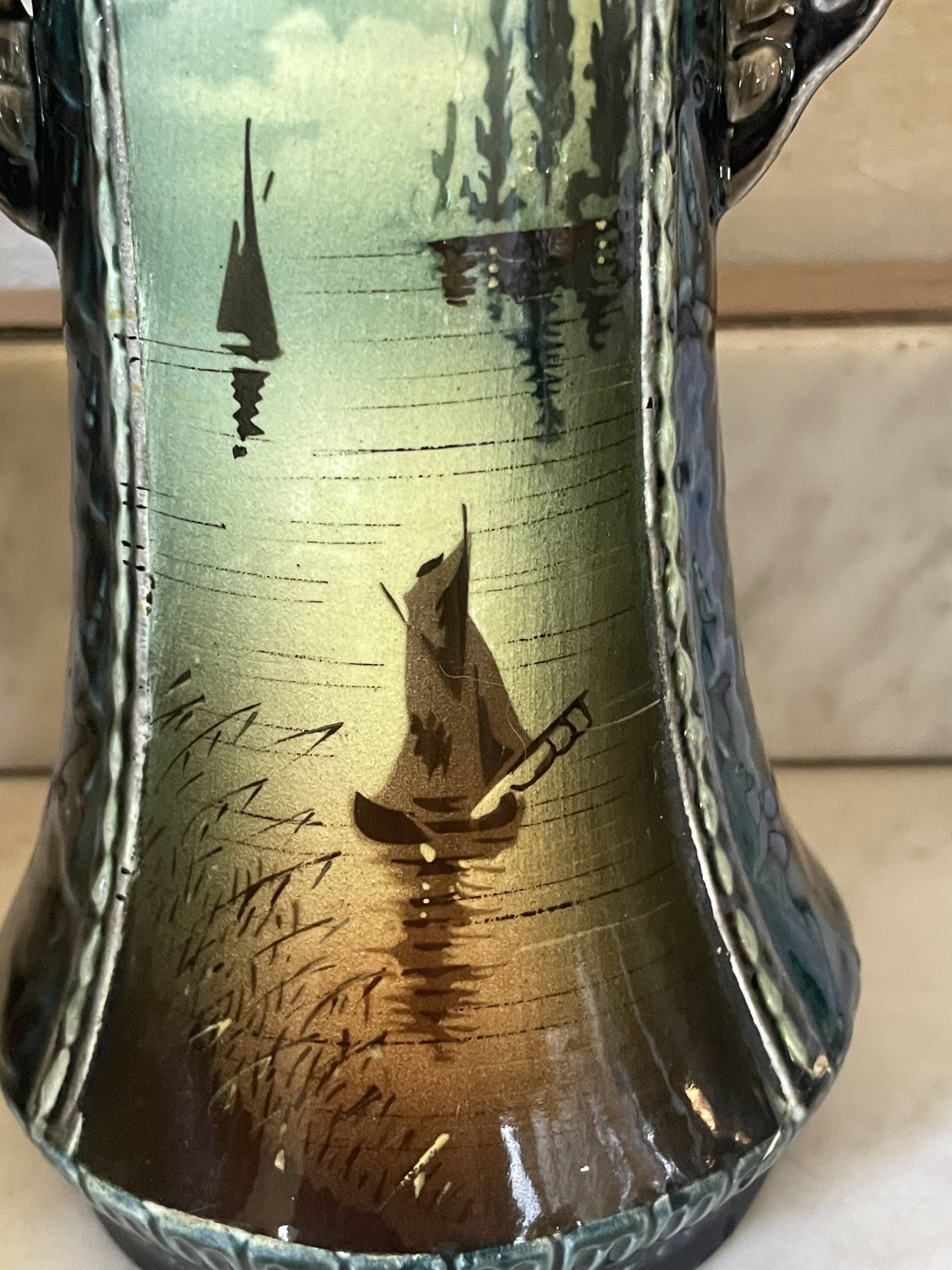 Pair of Art Nouveau slipware vases, hand-painted decoration.