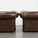 Set of 2 Large Dark Cowhide Leather Chesterfield Armchairs