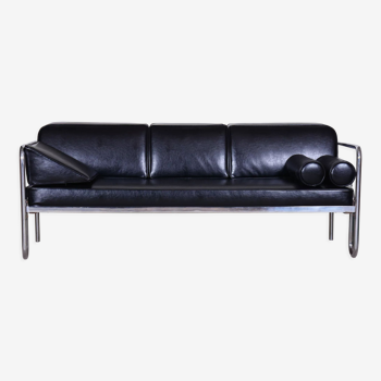 Restored black bauhaus sofa, high-quality leather, chrome-plated steel, 1930s