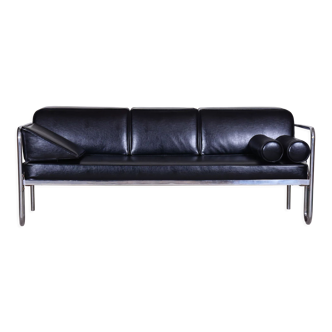 Restored black bauhaus sofa, high-quality leather, chrome-plated steel, 1930s