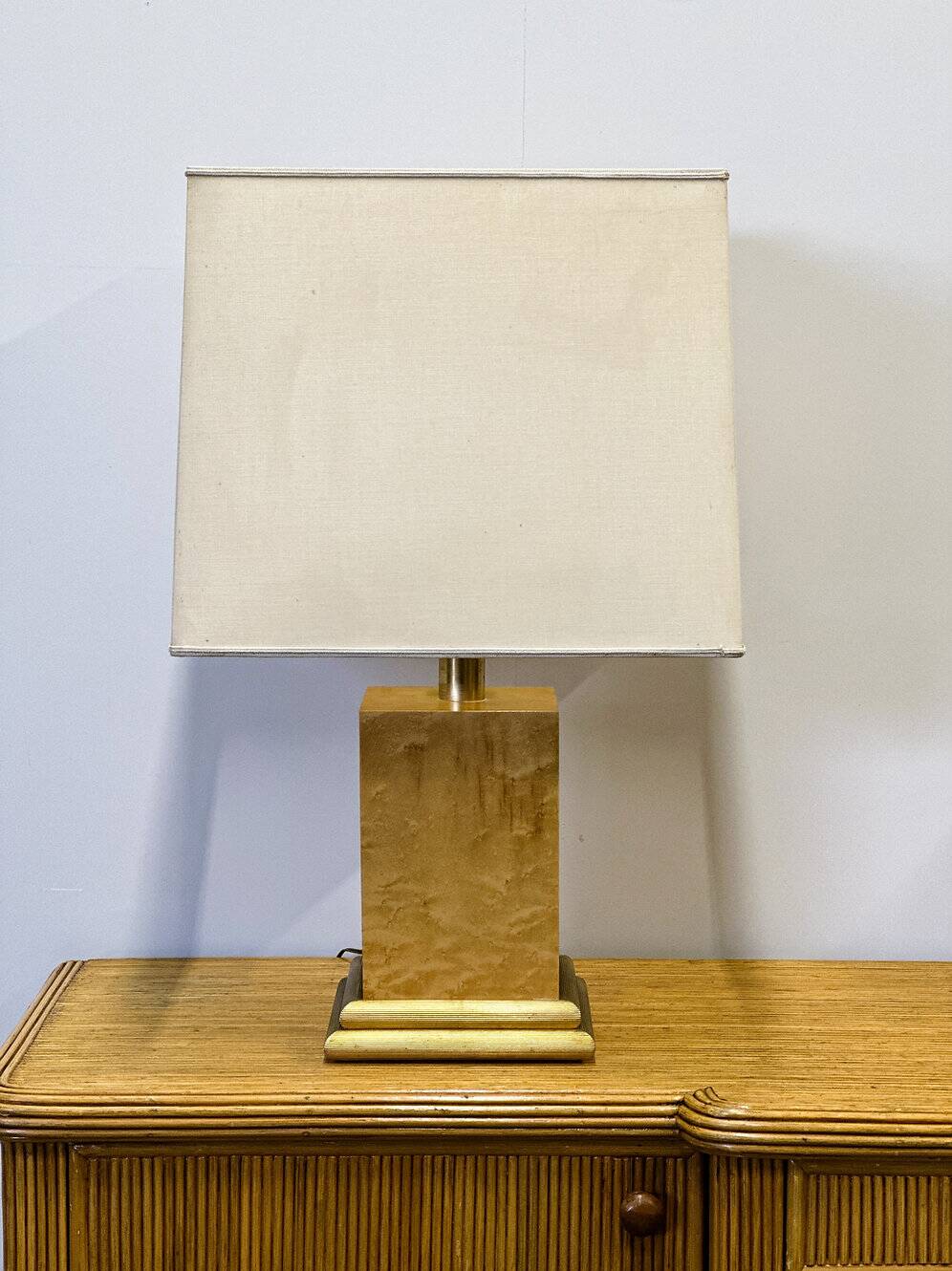 Vintage burlwood rectangular table lamp, France 1980s