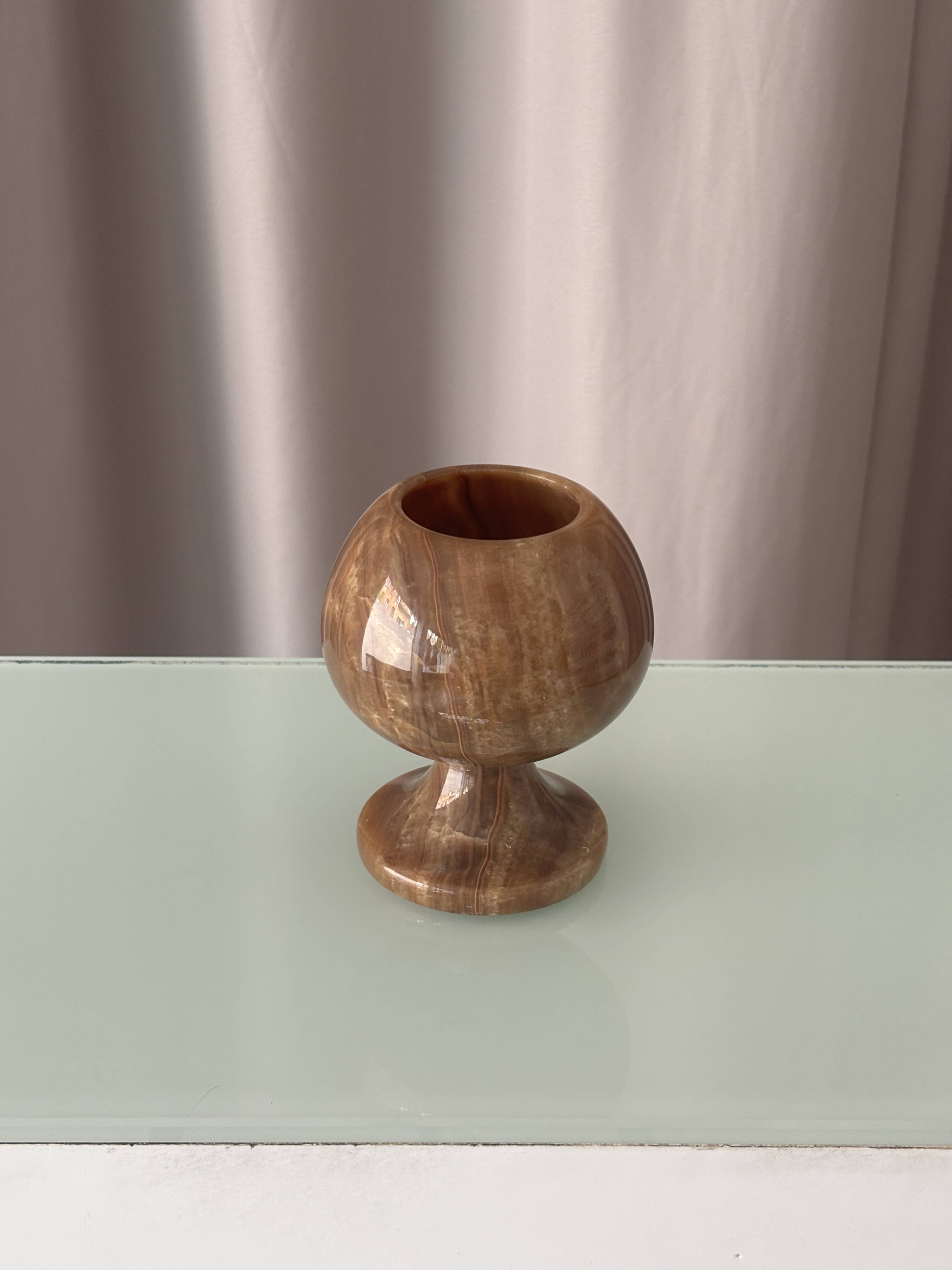 Vintage Hand-Carved Brown Onyx Pedestal Vessel