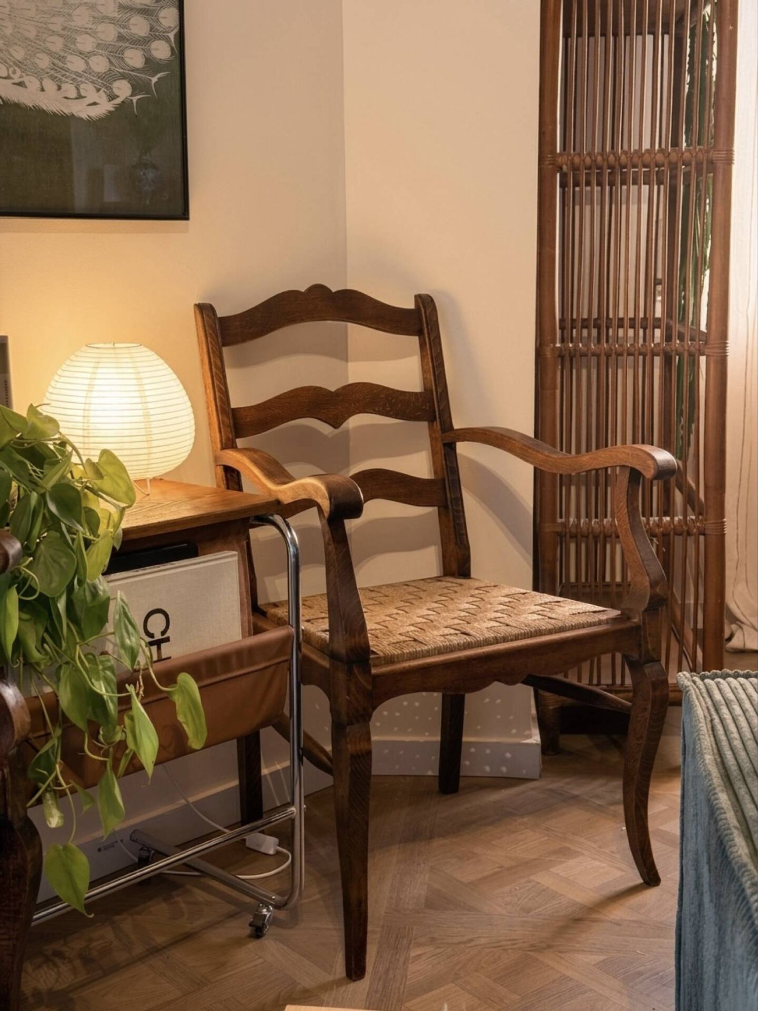 Pair of Provençal armchairs, wood and woven cord — mid-20th century