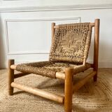 Fauteuil bas en bois et corde années 50