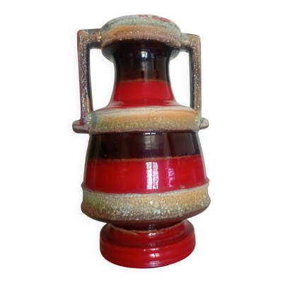 Grand vase balustre double anse - céramique émaillé rouge brun ''lava