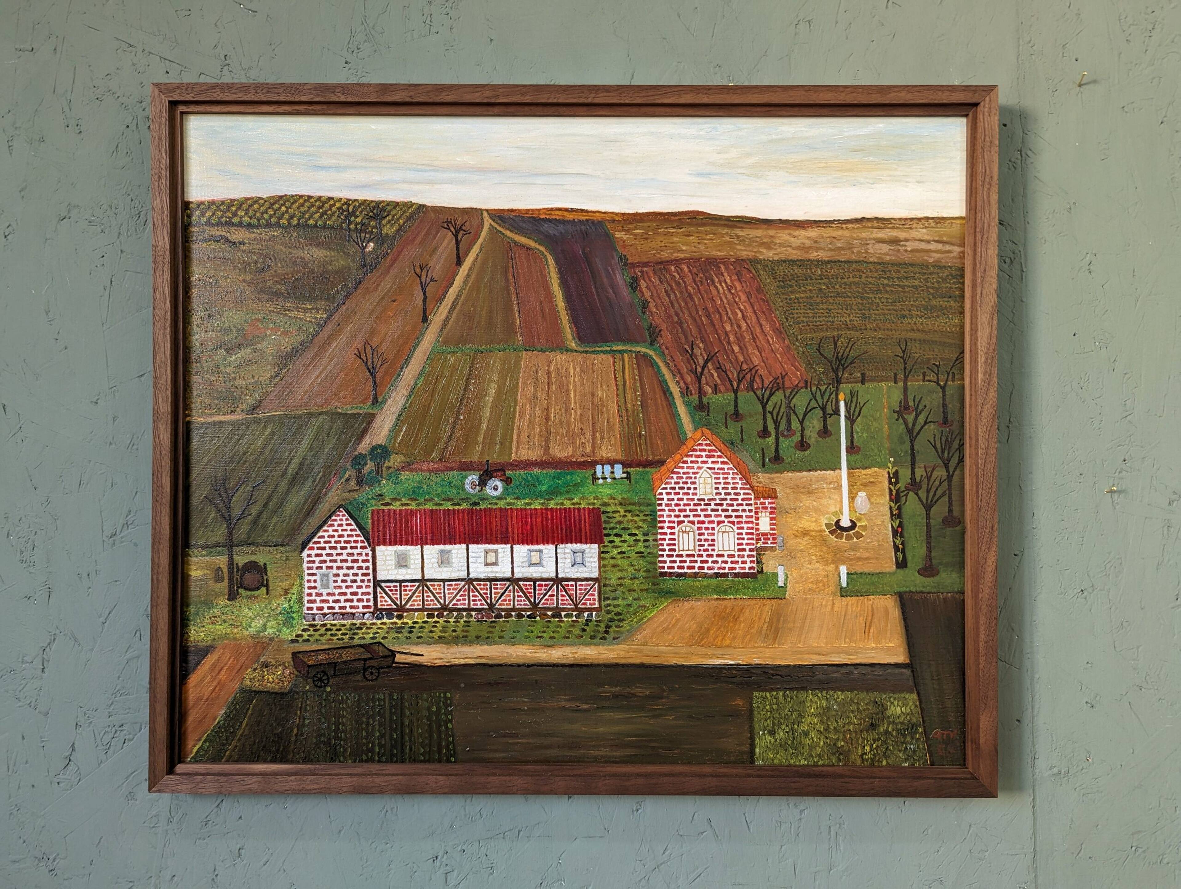 Mid-Century Modern "The Working Farm" Vintage Naïve Style Landscape Oil Painting, Framed