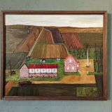 Mid-Century Modern "The Working Farm" Vintage Naïve Style Landscape Oil Painting, Framed