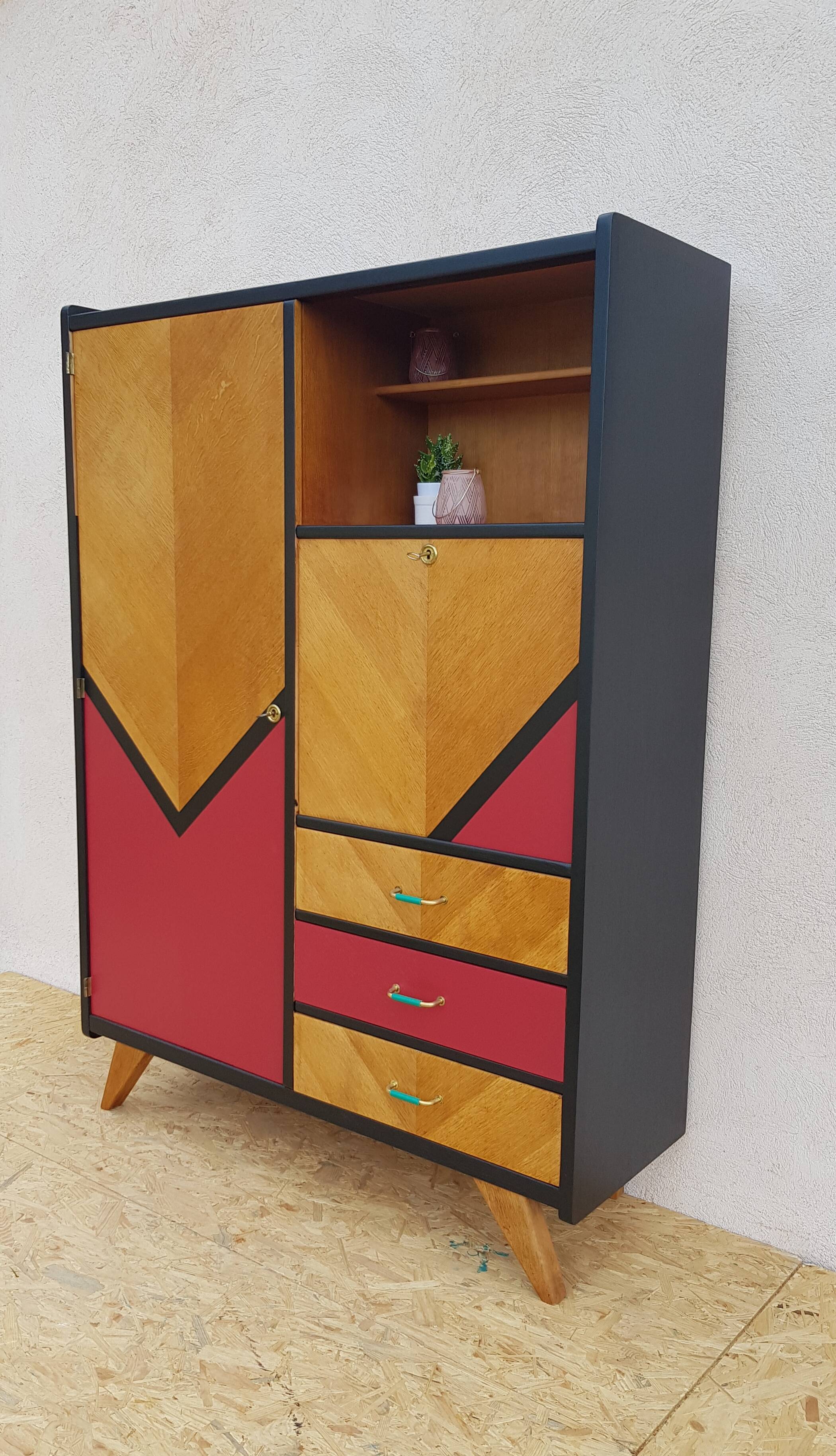 Secrétaire vintage pieds compas scandinave années 60 70 relooké