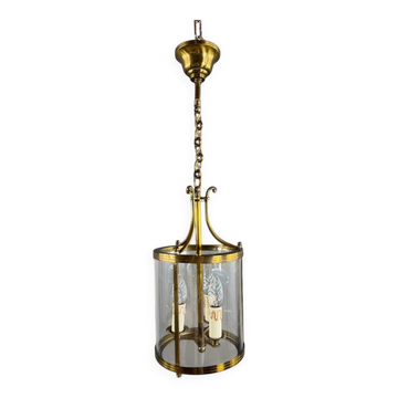 Cylindrical lantern in brass and glass, 20th century