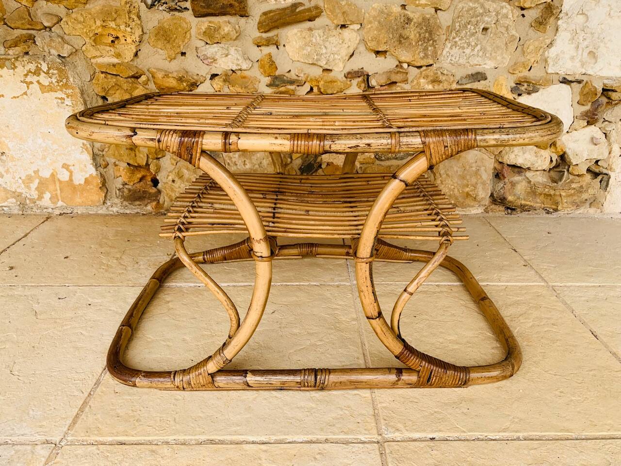 Table basse vintage en bambou et rotin dans le goût de Tito Agnoli, circa 1960