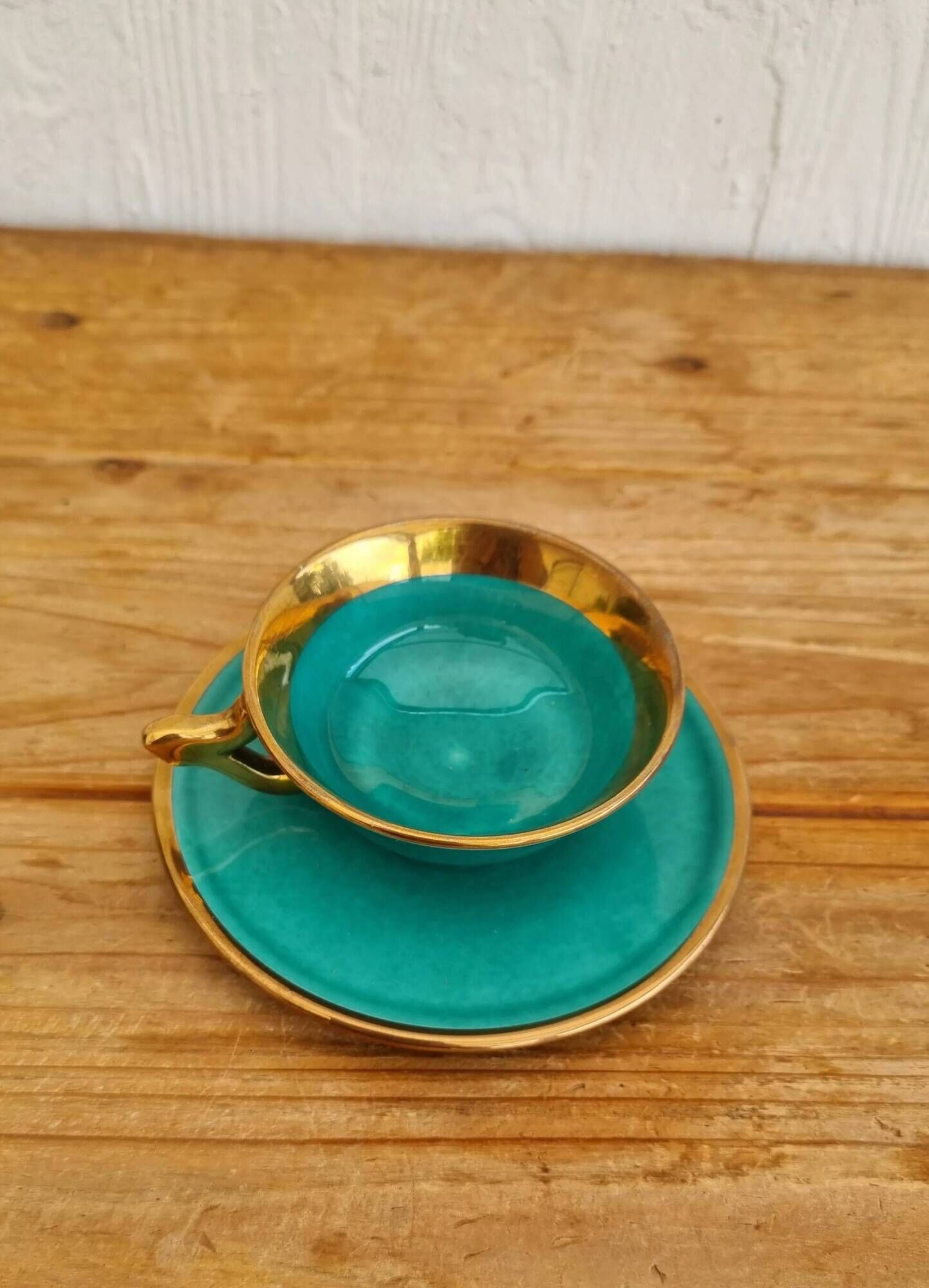 Vintage coffee cup duo Magda turquoise and gold Made in France