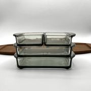 Teak tray and its 4 stackable glass dishes • Denmark • 1960