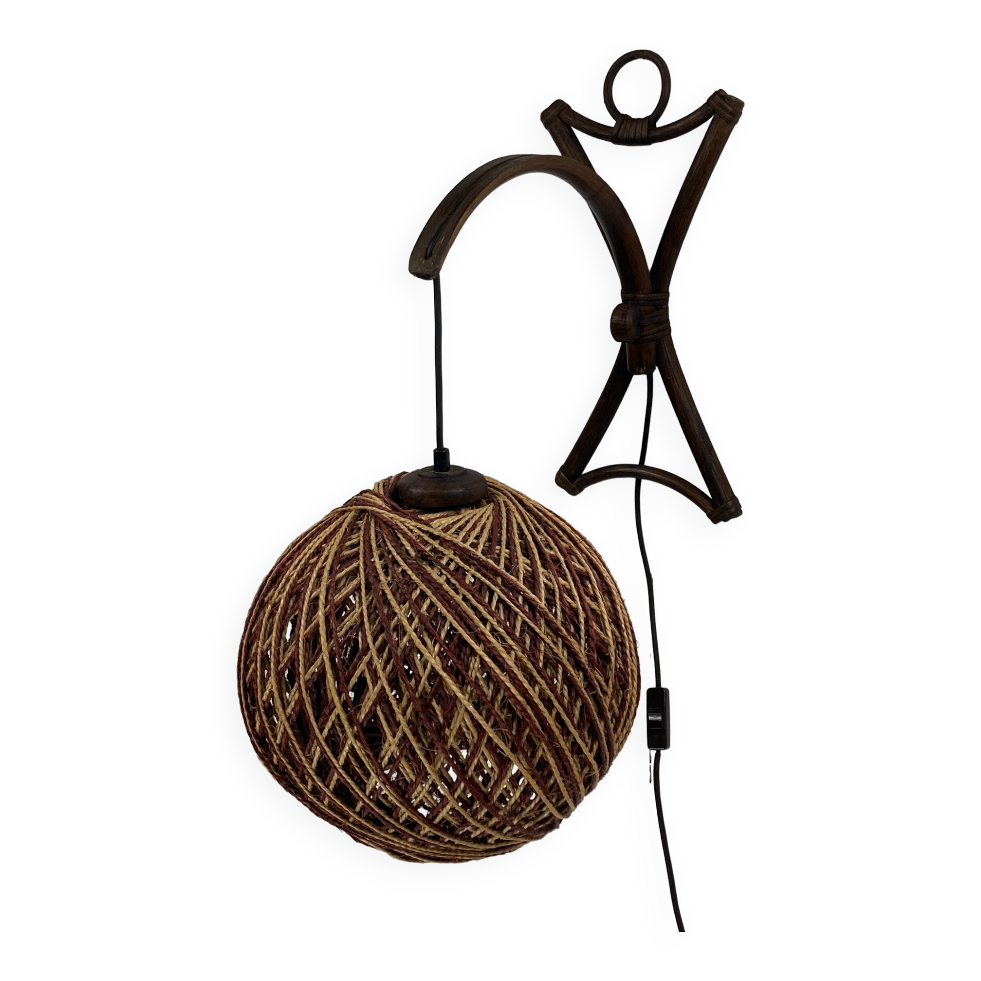 Rattan bamboo and rope sisal wall lamp, Dutch 1960s