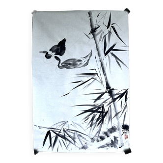 Peinture sur papier de riz "canards aux bambous" signée, XXème siècle