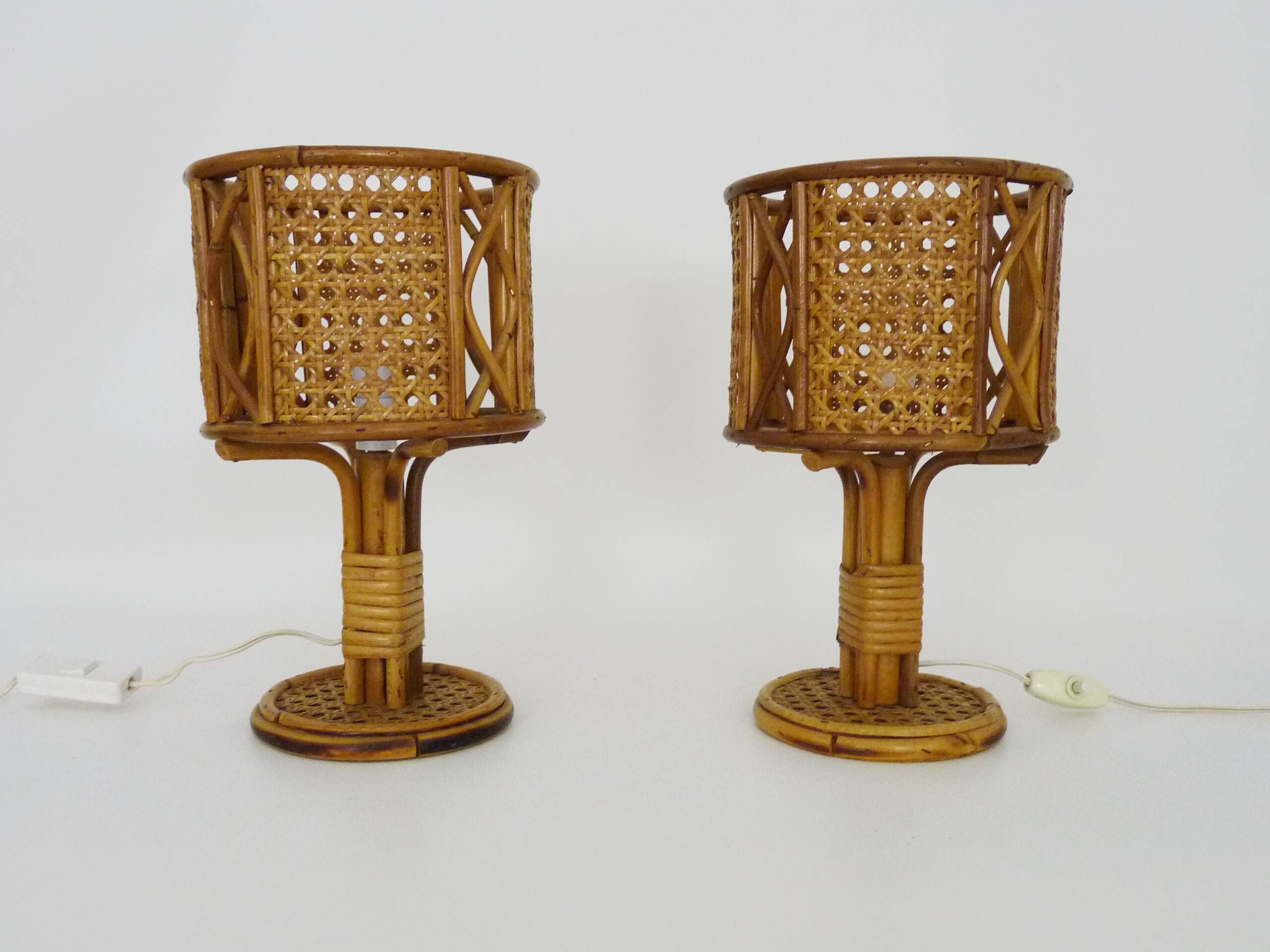 Pair of bamboo rattan cane lamps. Italy, 1950s and 1960s.