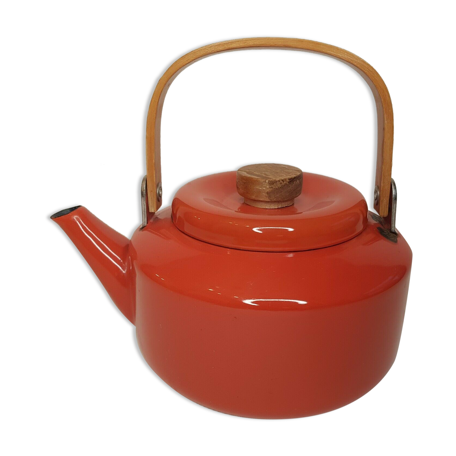 Orange and bamboo enamelled metal teapot in the 1970s
