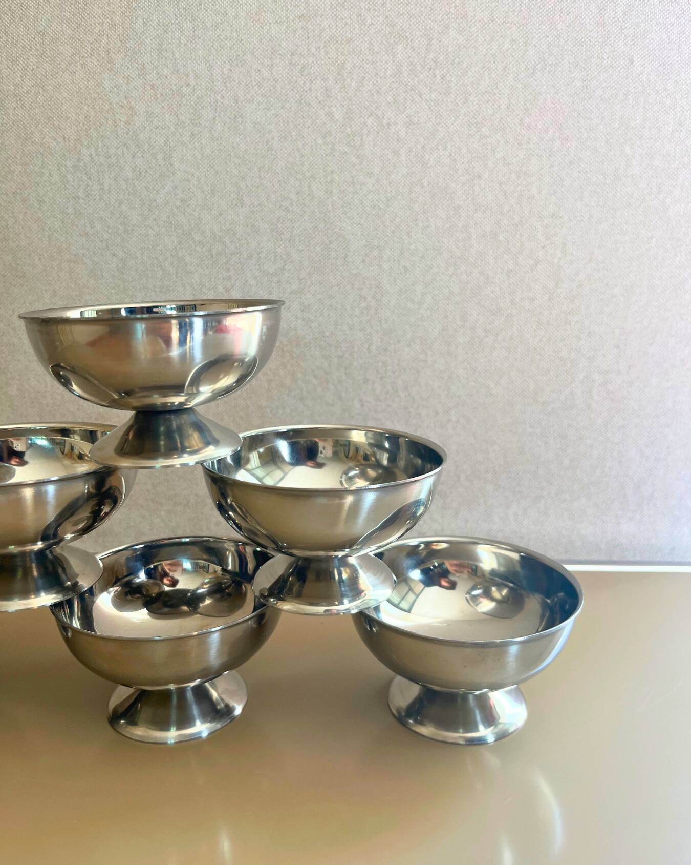 6 vintage stainless steel dessert bowls, 1960s