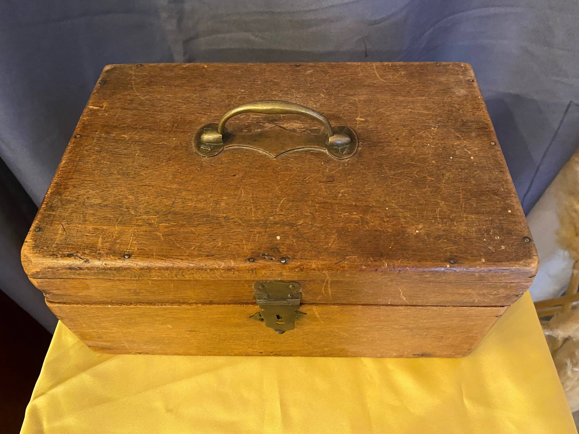 Old wooden box early 20th century market box with brass handle