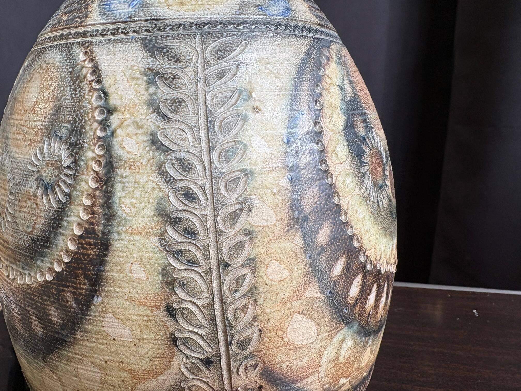 Stoneware lamp (base) signed Joël Courjault for Keraluc – floral decoration