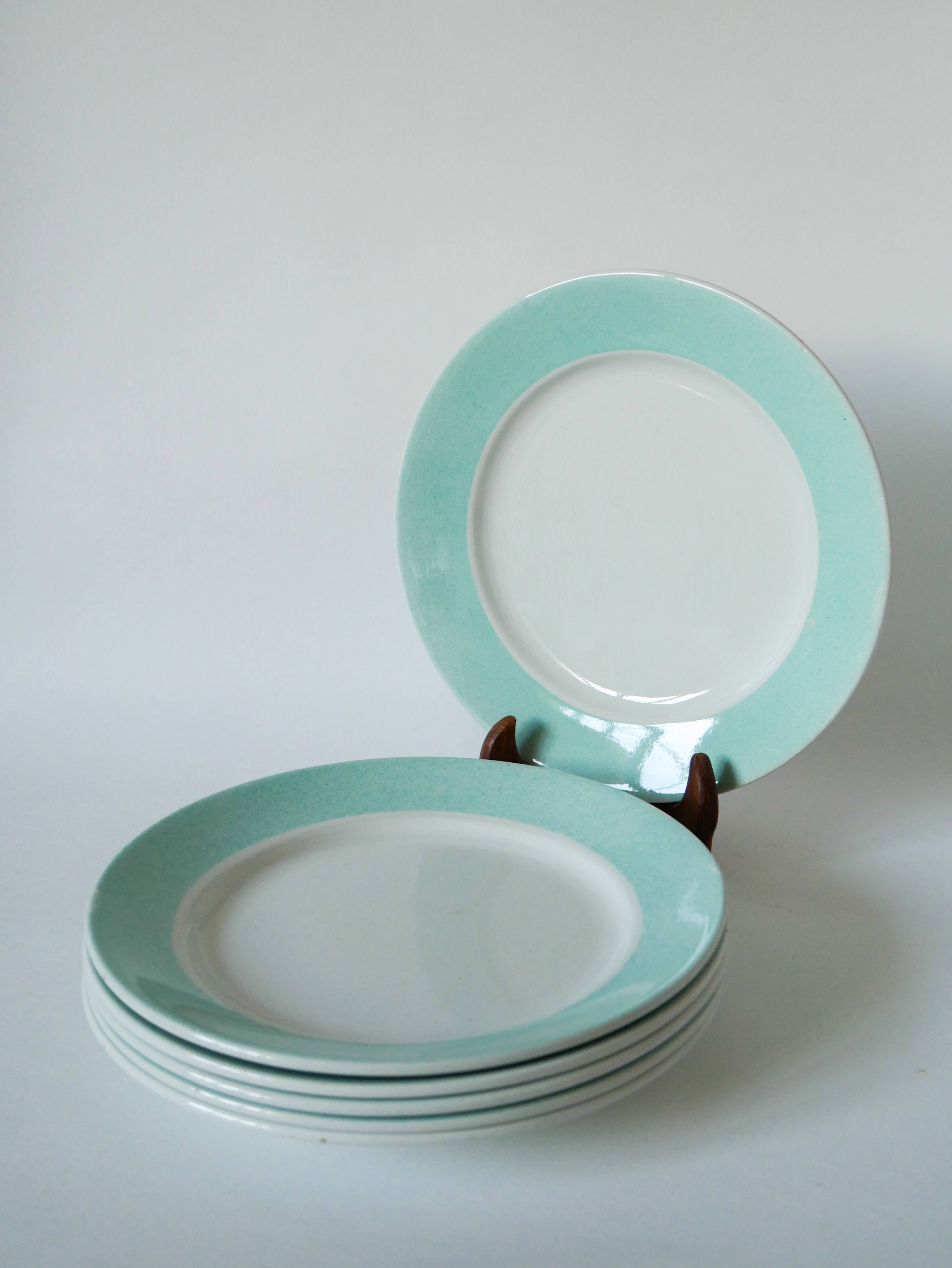 Set of 6 Badonviller flat plates with speckled mint colored edge 1950