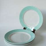 Set of 6 Badonviller flat plates with speckled mint colored edge 1950