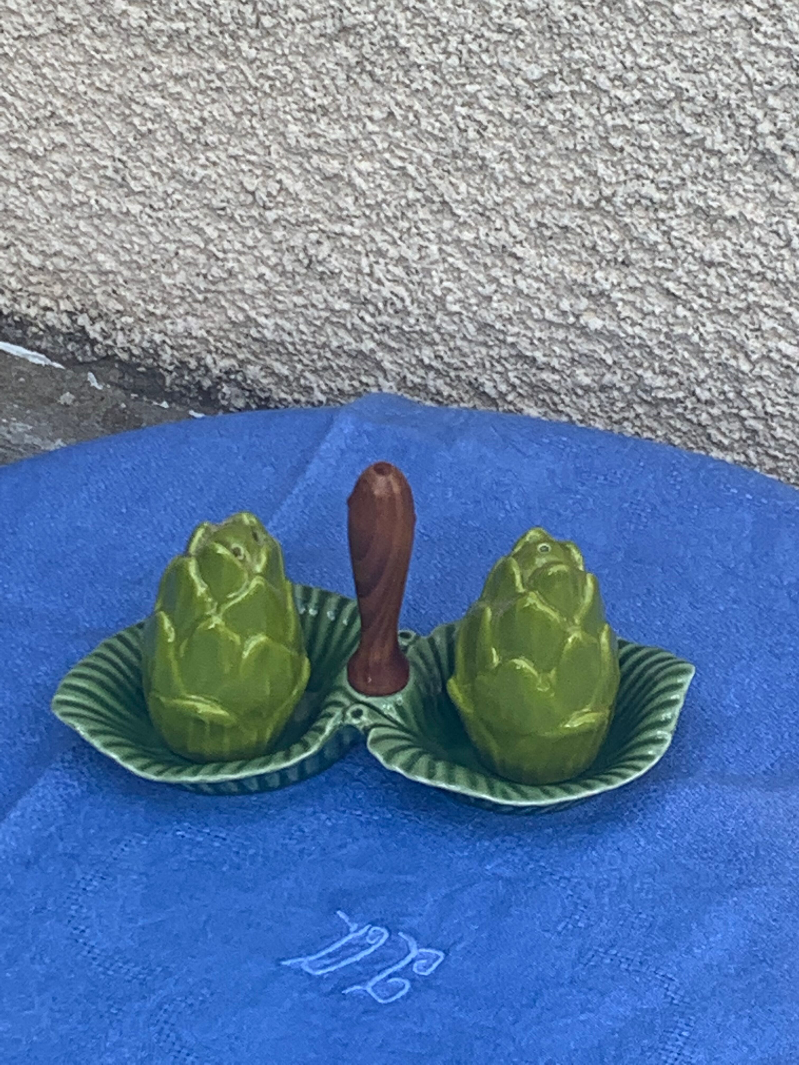 Vintage glazed ceramic barbotine artichoke shaped salt cellars