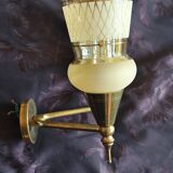 Vintage 50s wall light, 2 light arms, metal, brass and opaque glass tulip