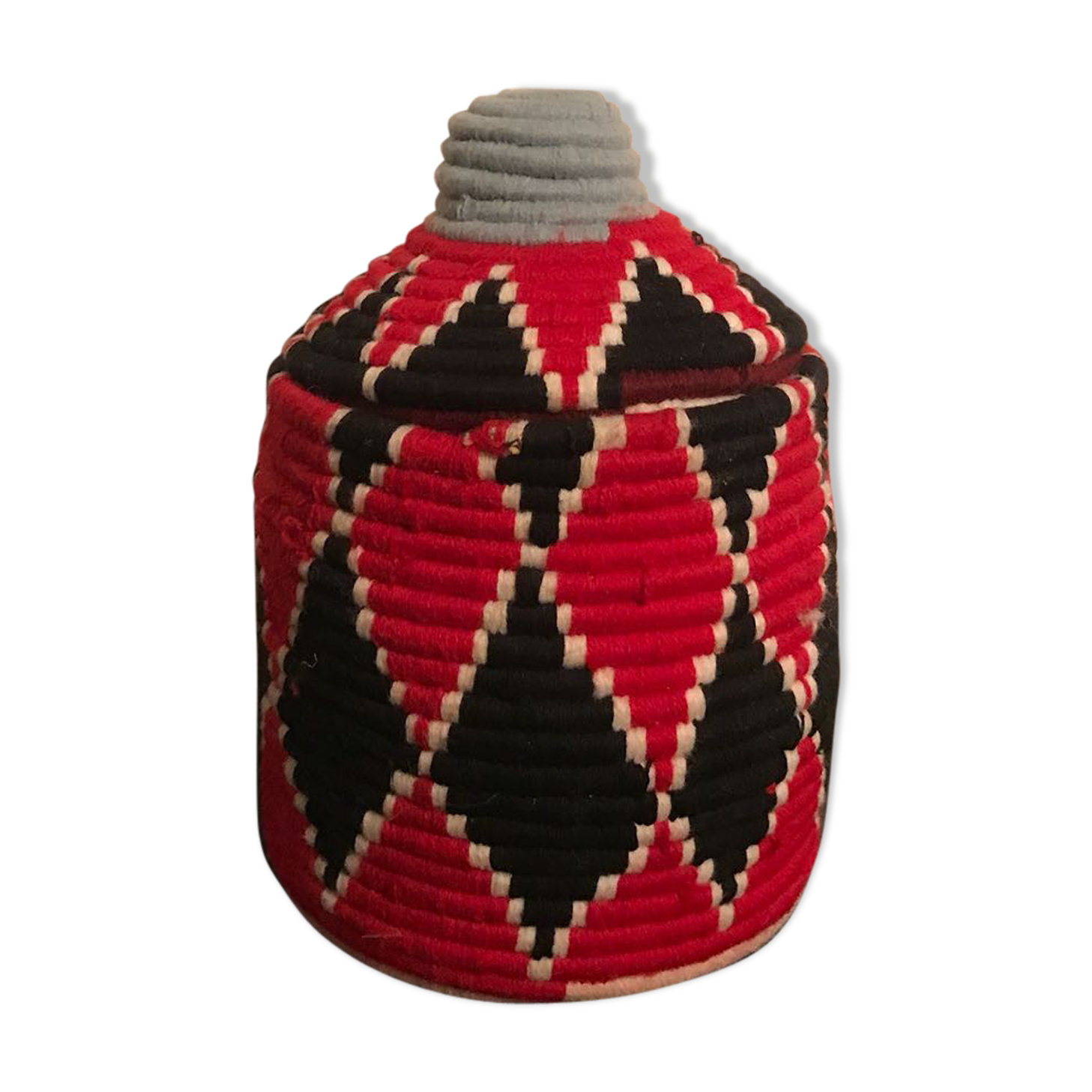 Berber wool and black and Red raffia basket