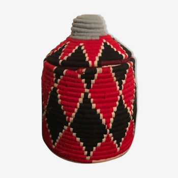 Berber wool and black and Red raffia basket