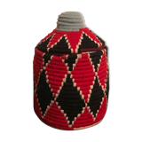 Berber wool and black and Red raffia basket