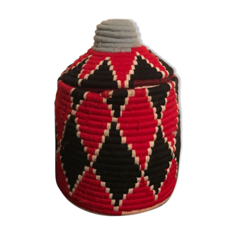 Berber wool and black and Red raffia basket