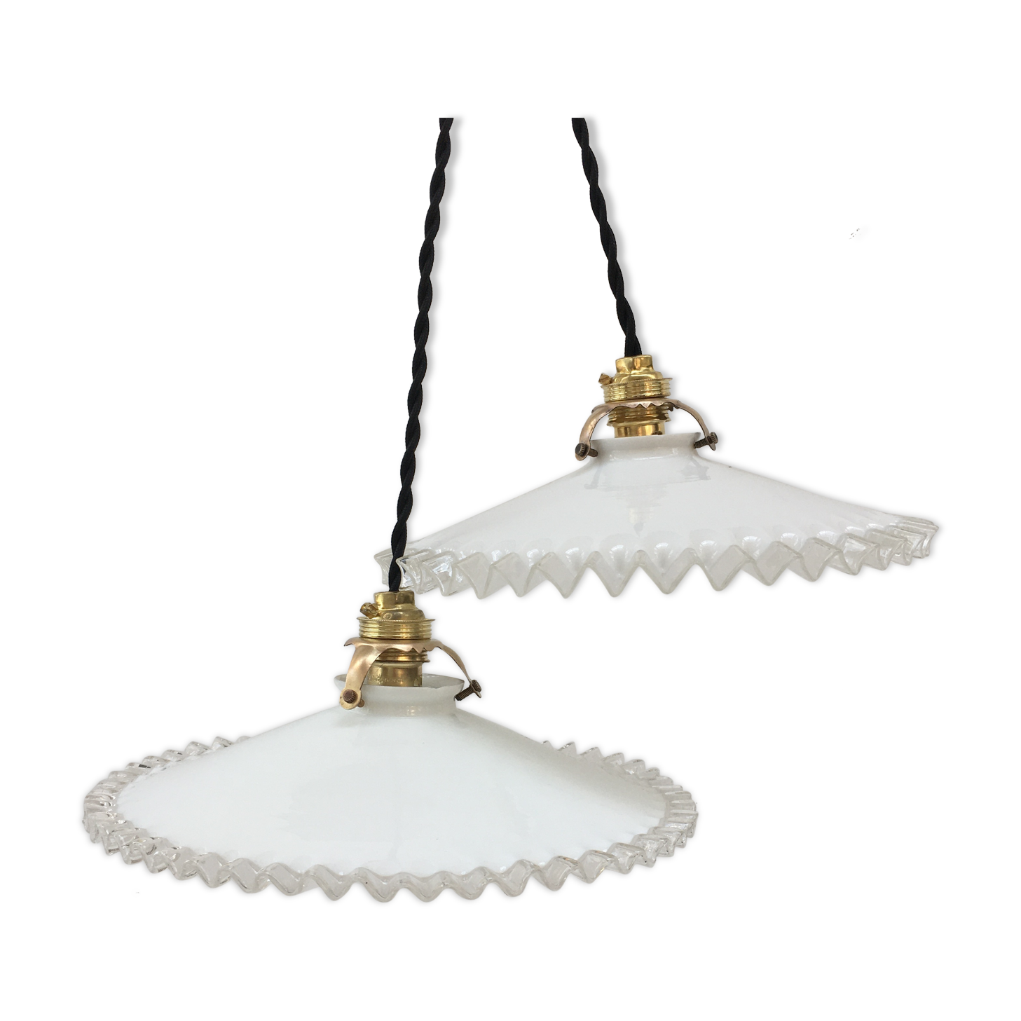 Pairs of vintage suspensions in white opaline with serrated edges