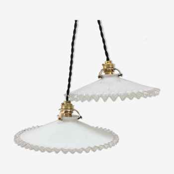 Pairs of vintage suspensions in white opaline with serrated edges