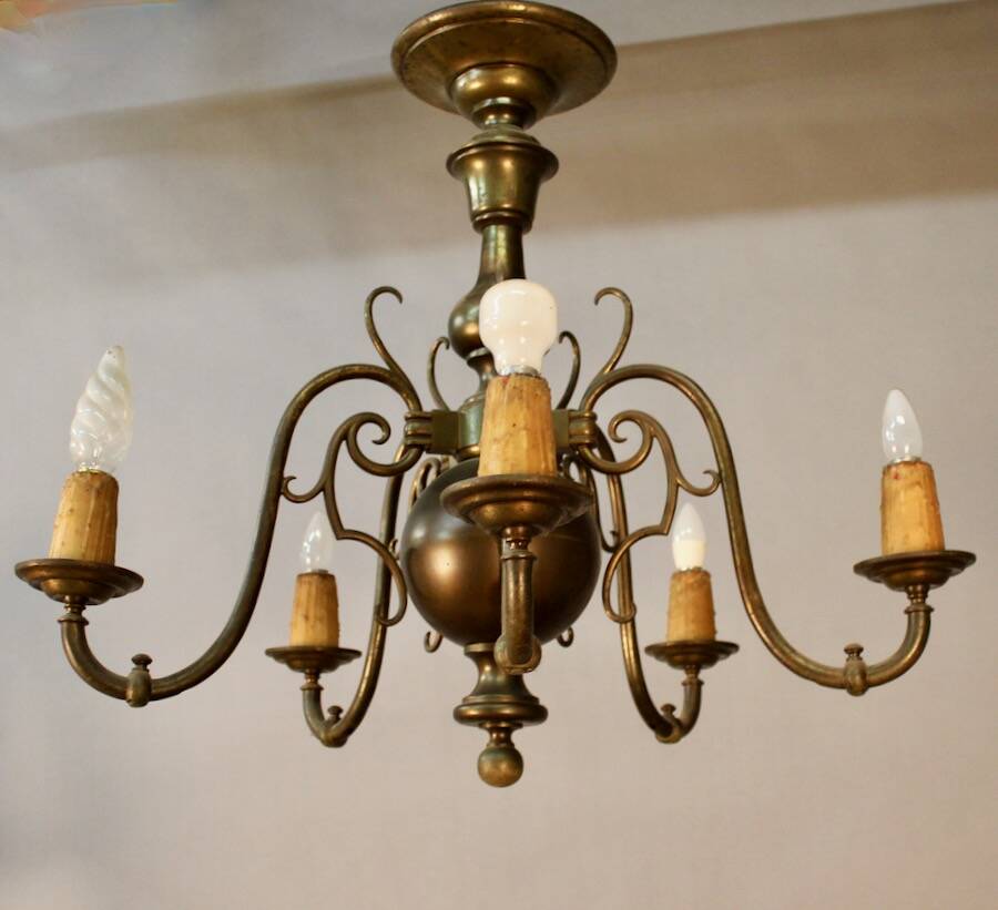 19th Century Dutch Bronze Chandelier with 5 Light Arms