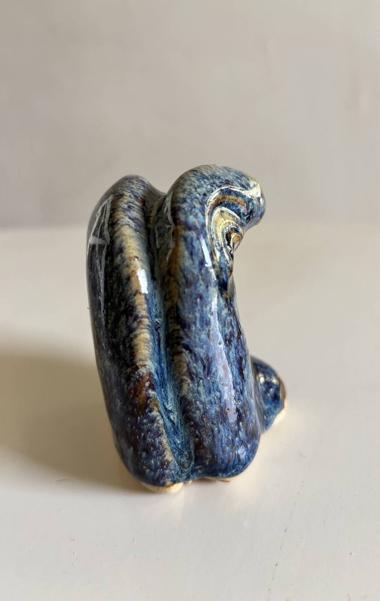 Miniature owl figurine in raku ceramic by Annie Maume, Vintage 1970.