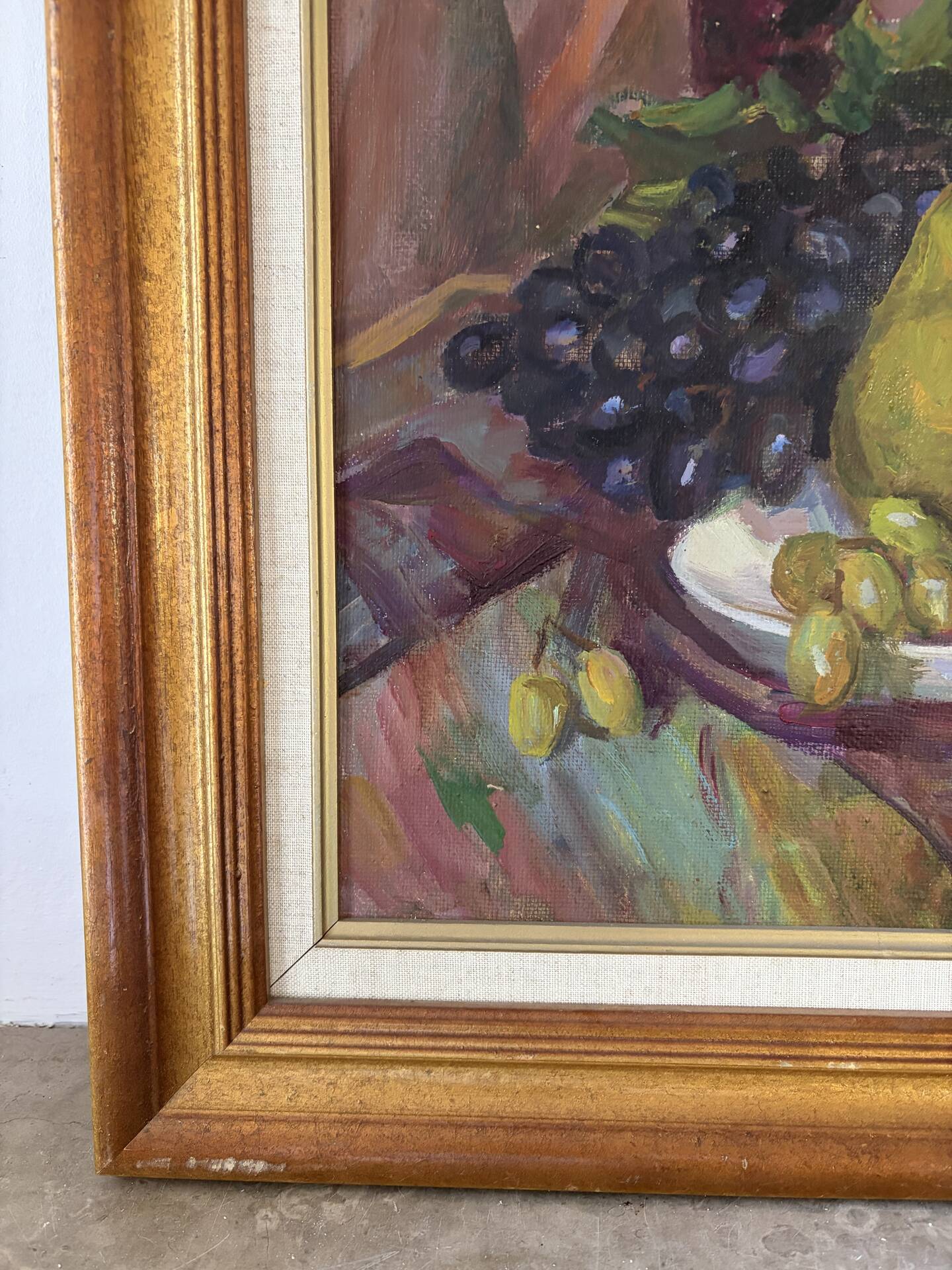 Russian still life with fruits and jug, oil on canvas signed 1986