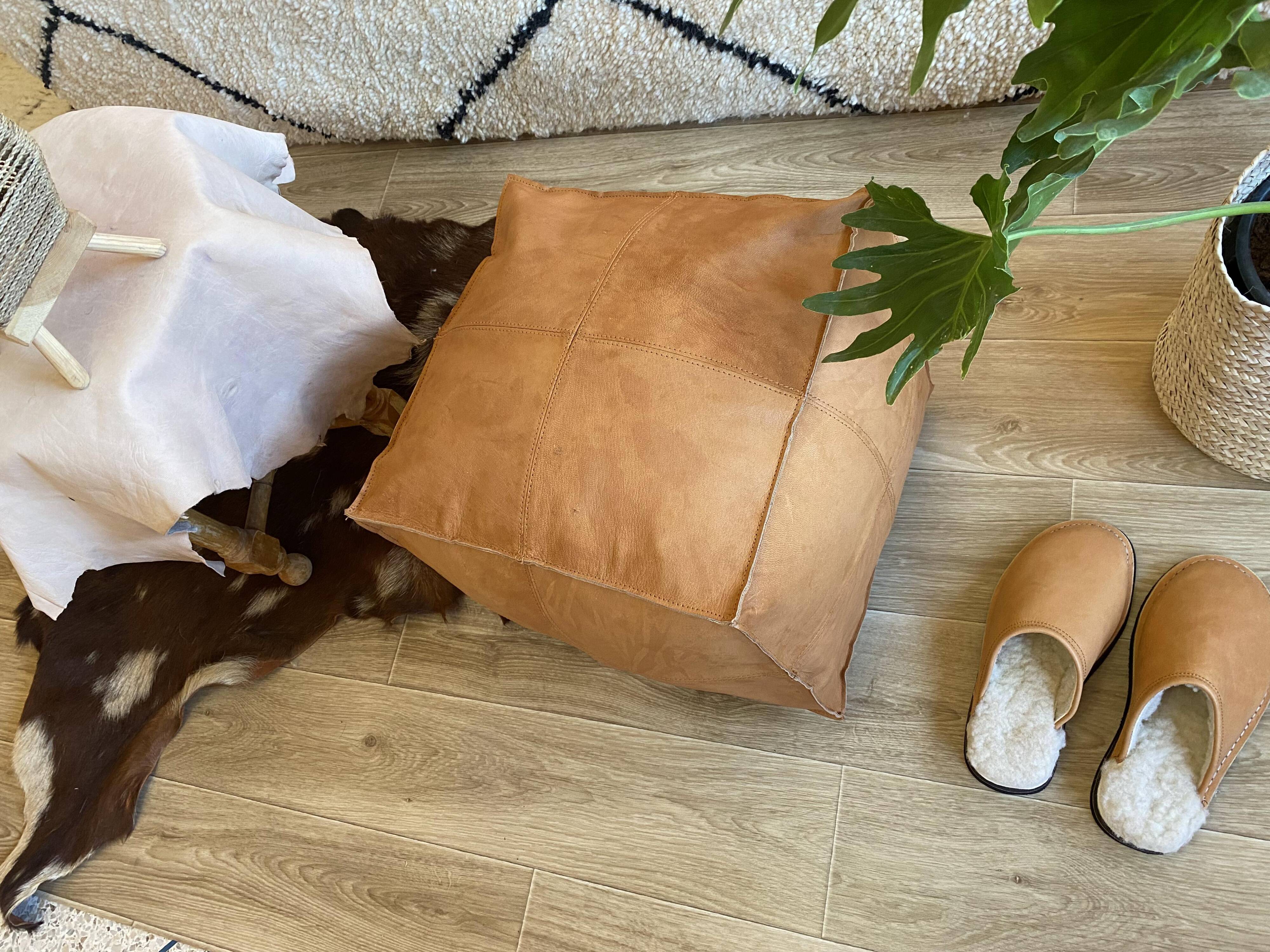 Vegan Leather Ottoman Pouf, Handmade, Cognac, Unstuffed, Moroccan Leather, Marrakech Souk