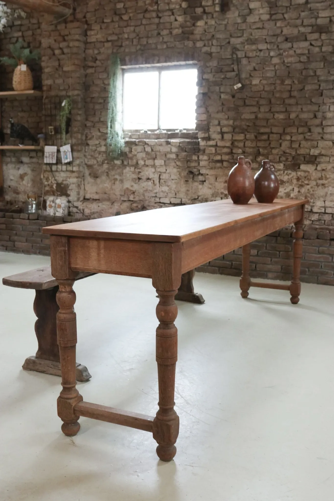 Long antique oak table with turned legs – 239 cm