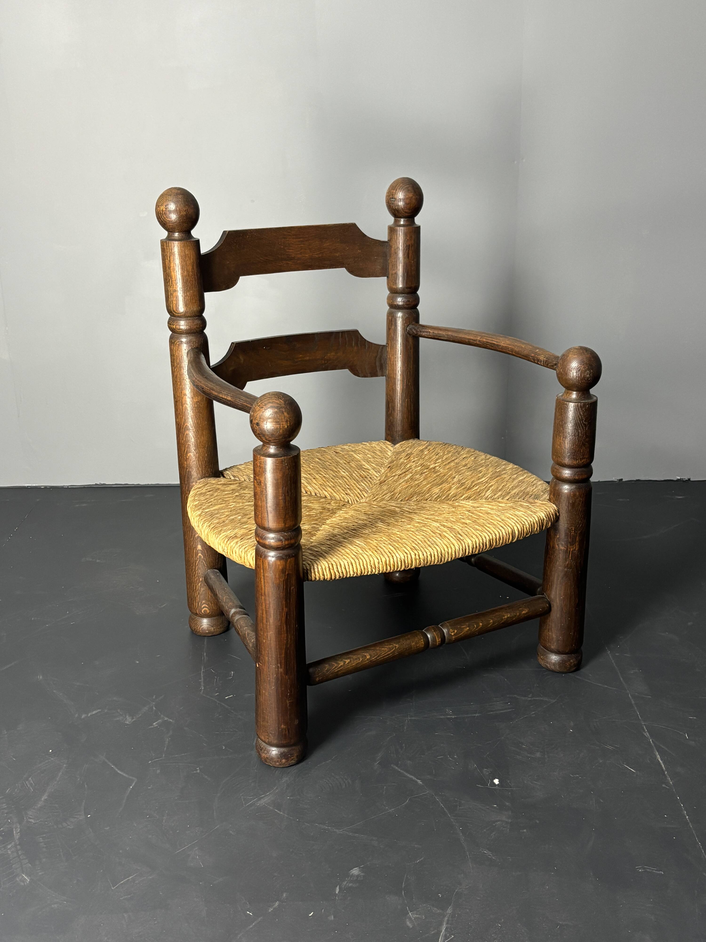 Brutalist French low rush oak side armchair by Charles Dudouyt ca 1940s