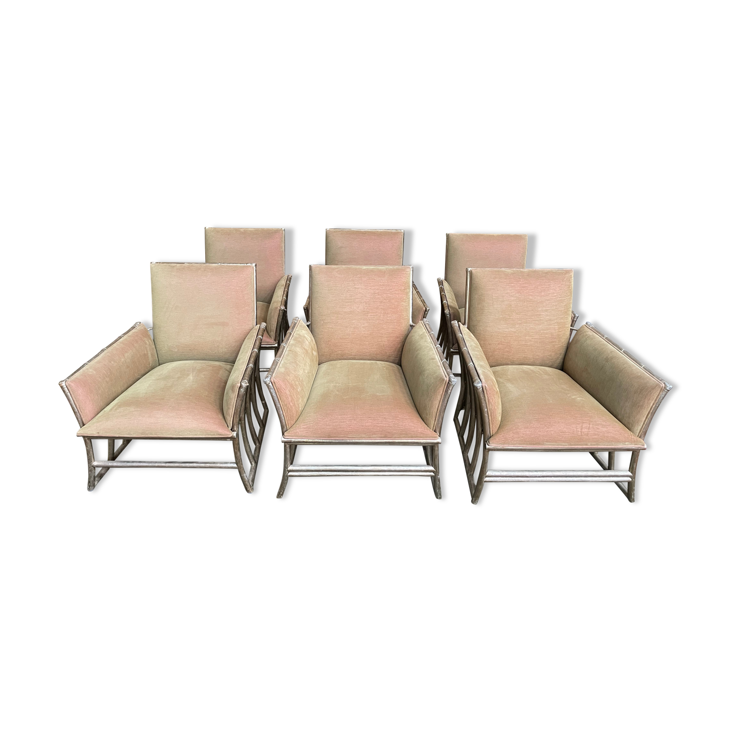 Suite of 6 shepherdess armchairs bamboo and beige velvet