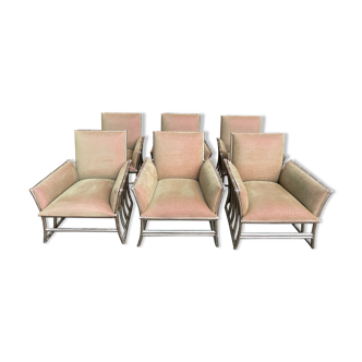 Suite de 6 fauteuils bergères bambou et velours beige