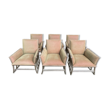 Suite de 6 fauteuils bergères bambou et velours beige