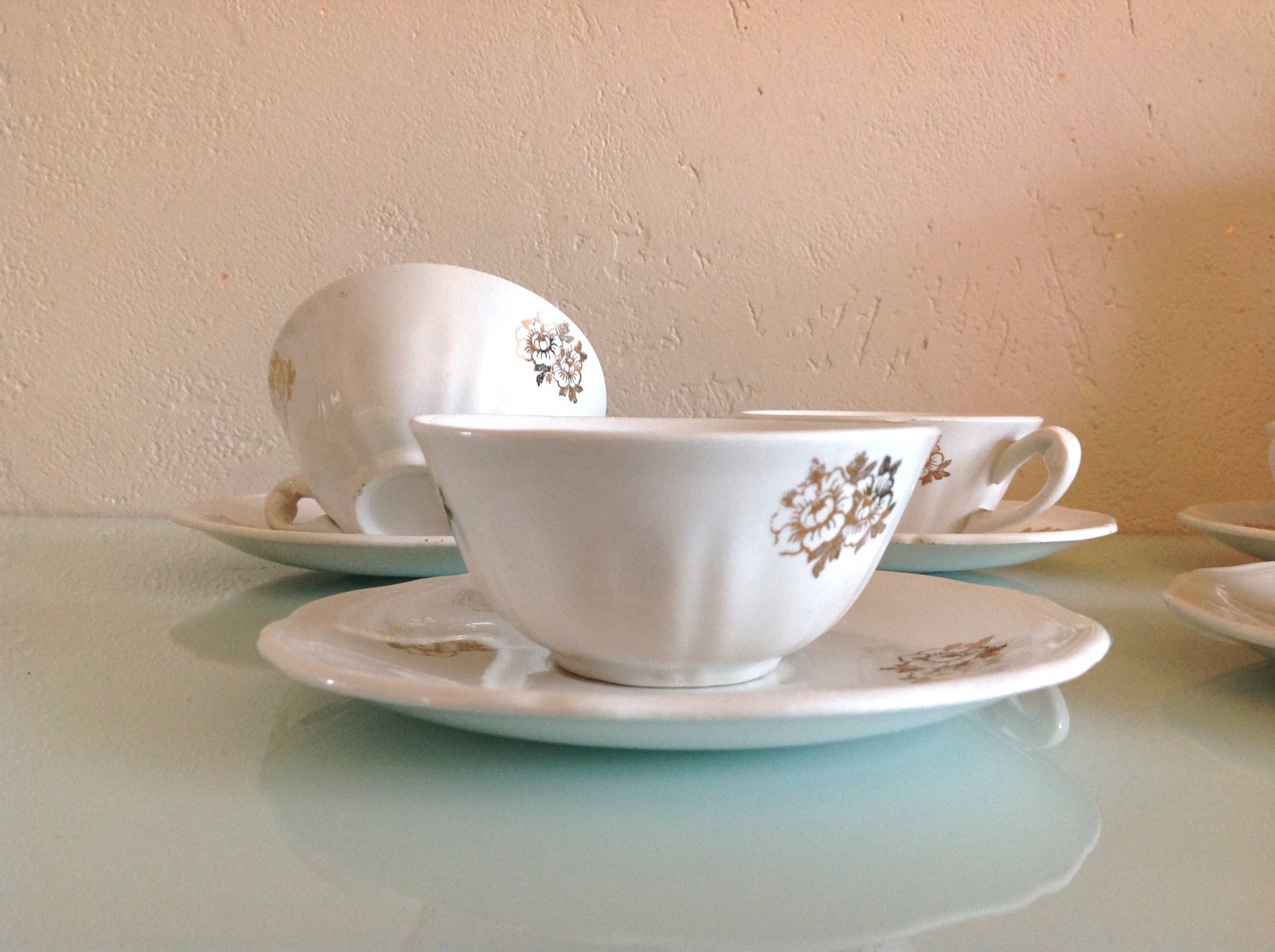 White porcelain coffee service with golden flowers / vintage 50s-60s