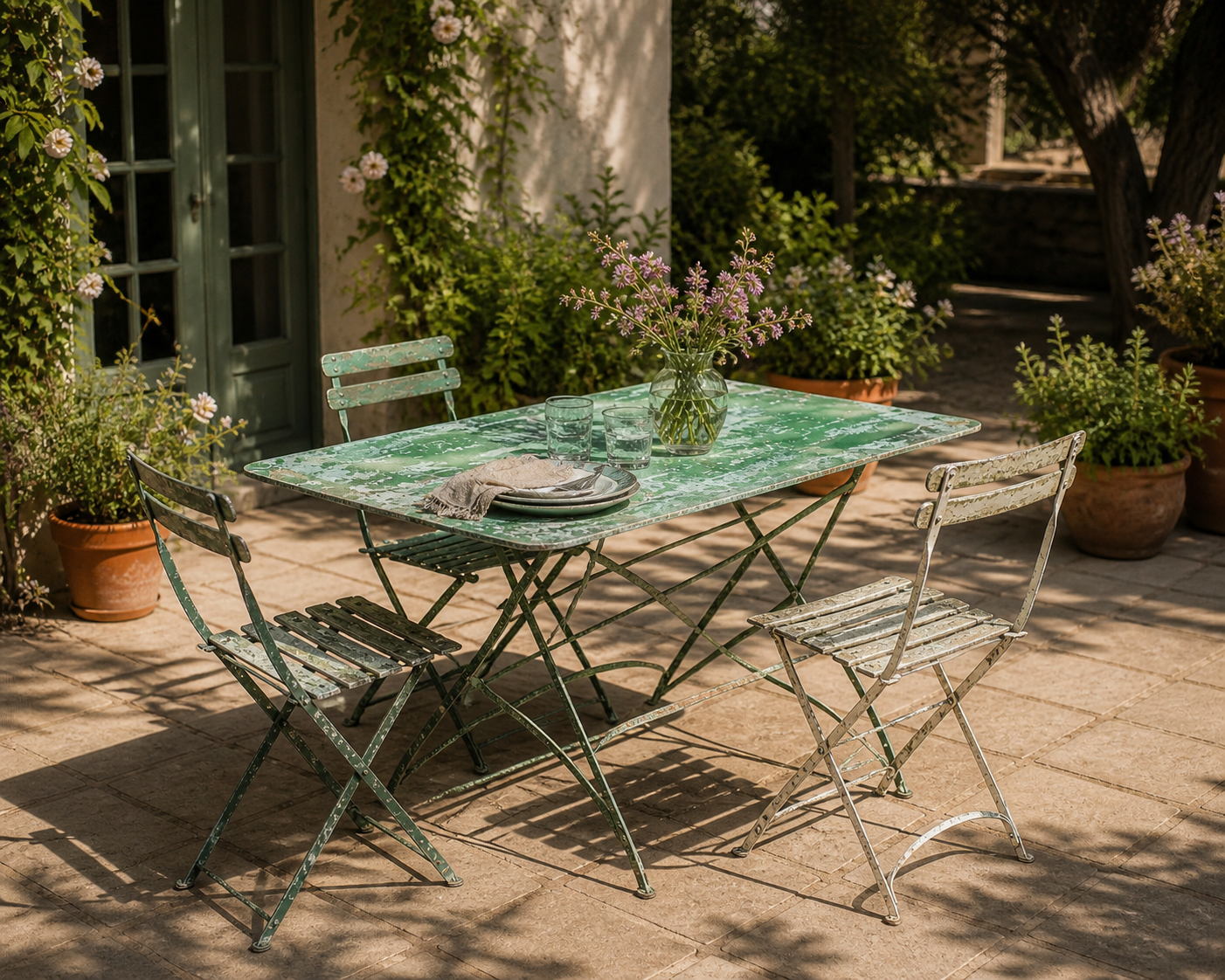 Bistro tables and folding chairs with a patina from the original 1930s.