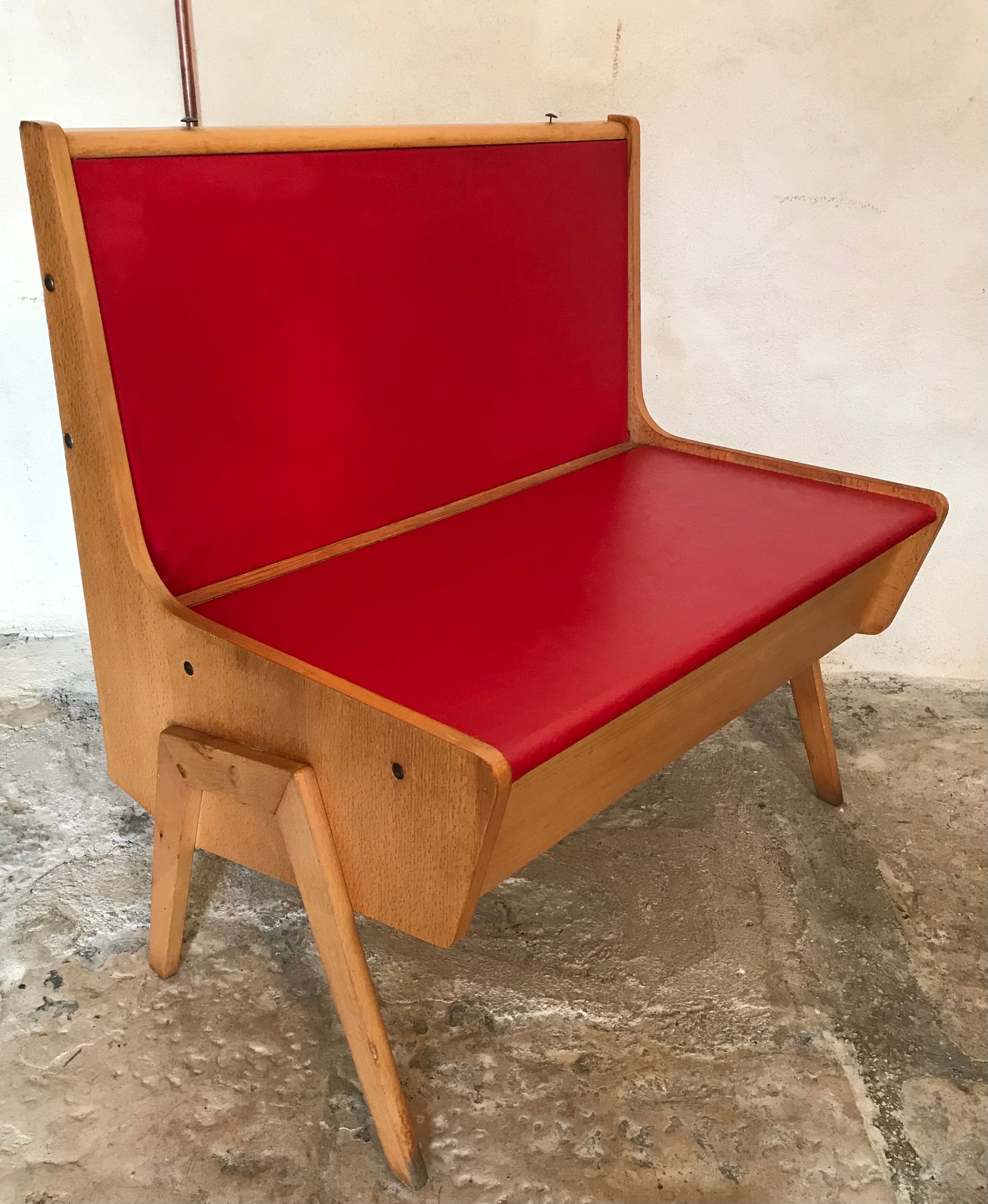 Bench bench-chest vintage 1960-1980's in blond beech and red skaï