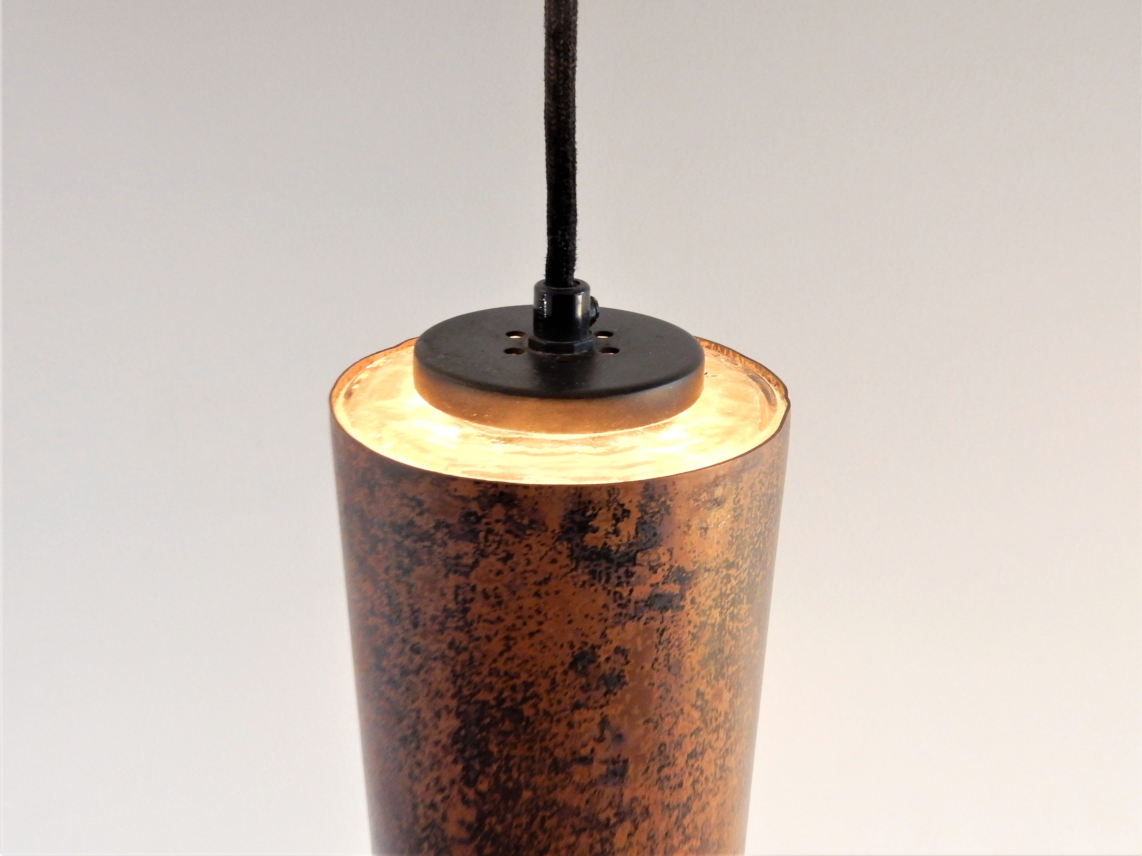 Set of 2 brutalist metal and glass pendant lamps, 1960s