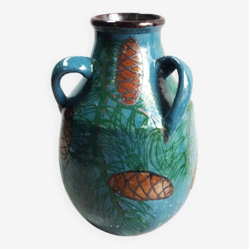 Vase with 3 handles signed in glazed terracotta